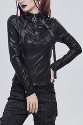 Tissu extensible scintillant punk noir avec fermeture éclair et pendentif pentagramme en métal pour chemise femme